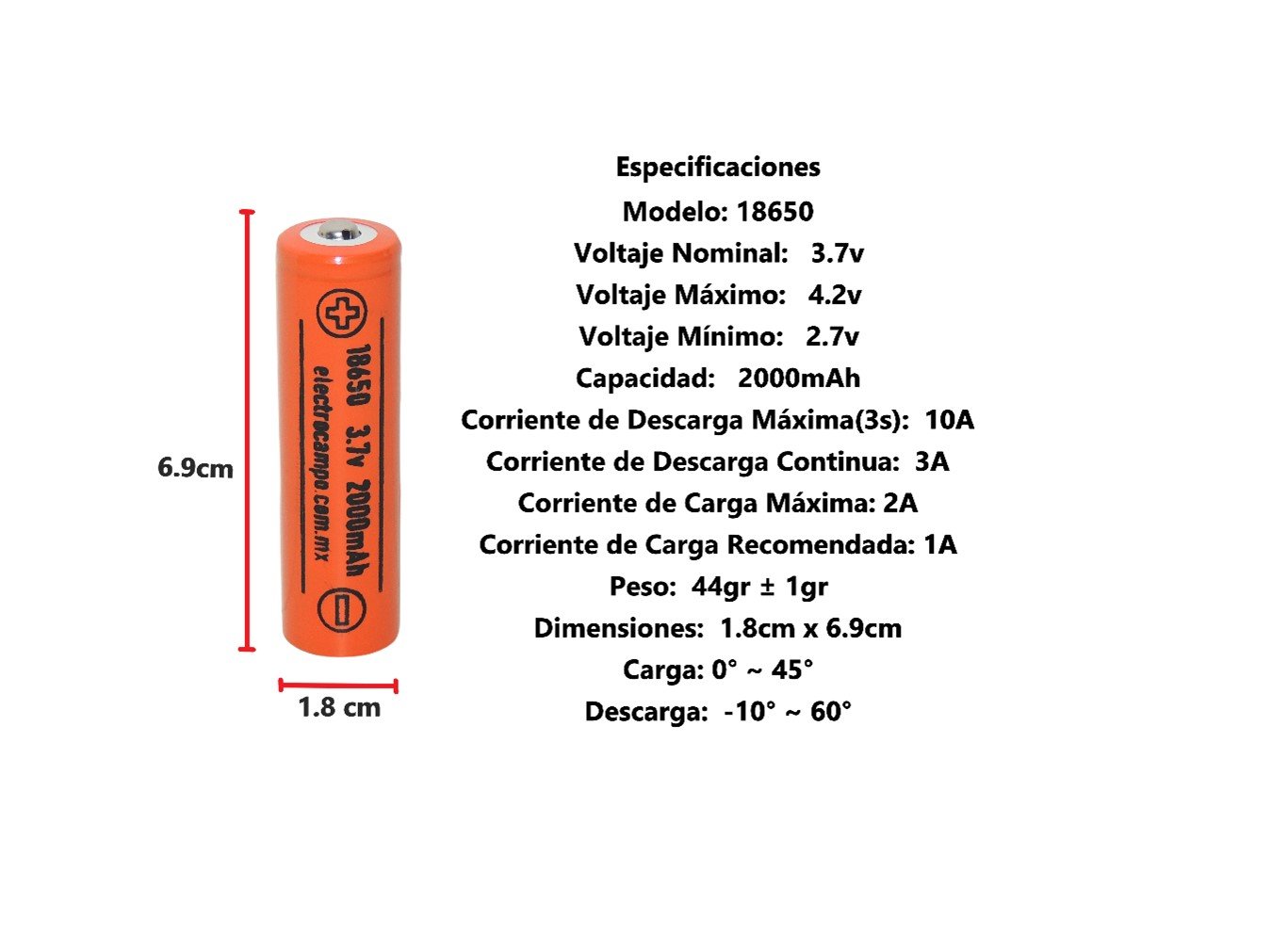 Batería 3.7v 2000mAh 18650  1pz
