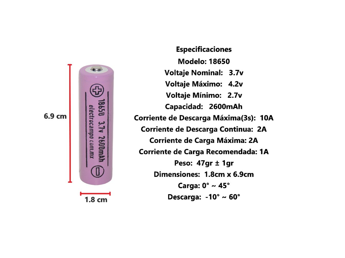 Batería 3.7v 2600mAh 18650  1pz