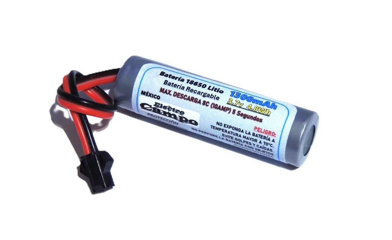 Pila Batería Recargable 3.7v 1300mAh 18650 Jst SM 2.54 RC